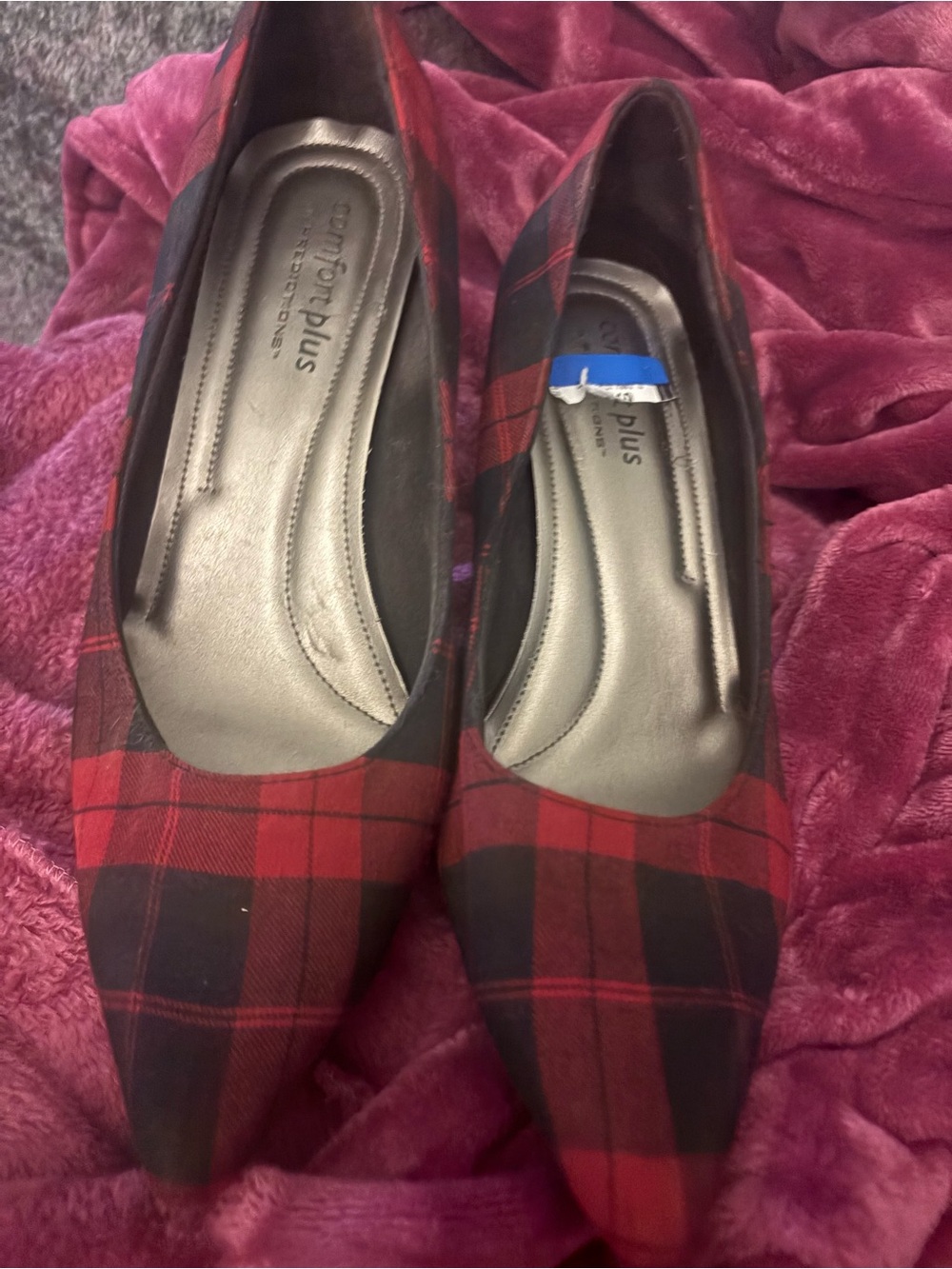 comfort plus by Predictions Red and Black Plaid Pointed-Toe Flats